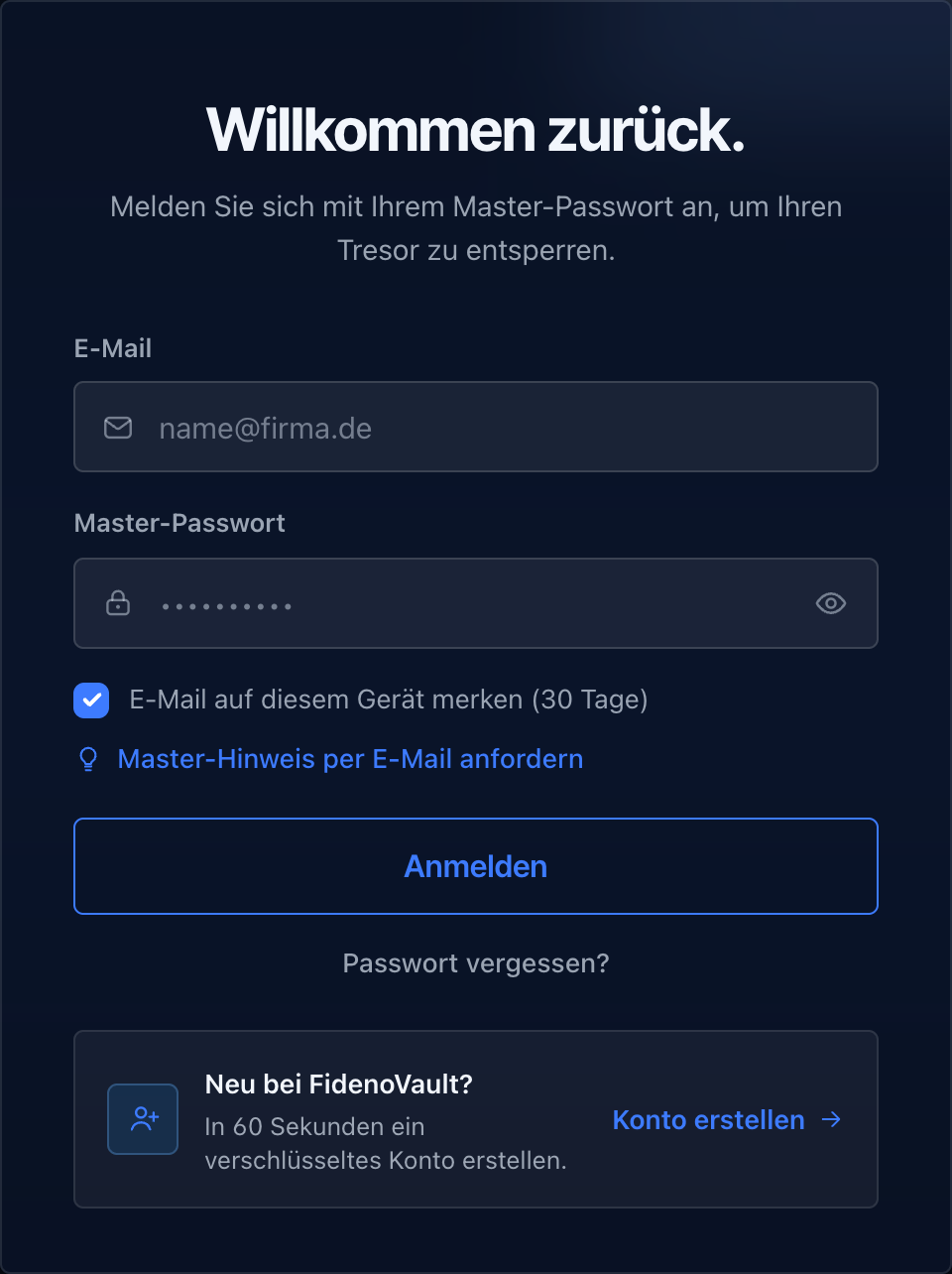 Anmeldefenster von FidenoVault