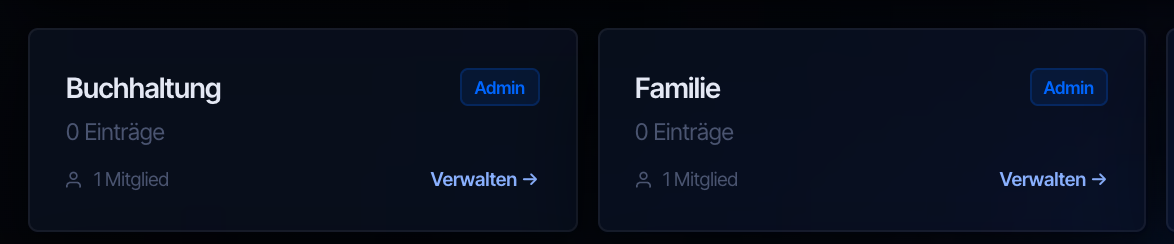 Ordner-Karten mit Rolle, Mitgliederzahl und der Aktion Verwalten