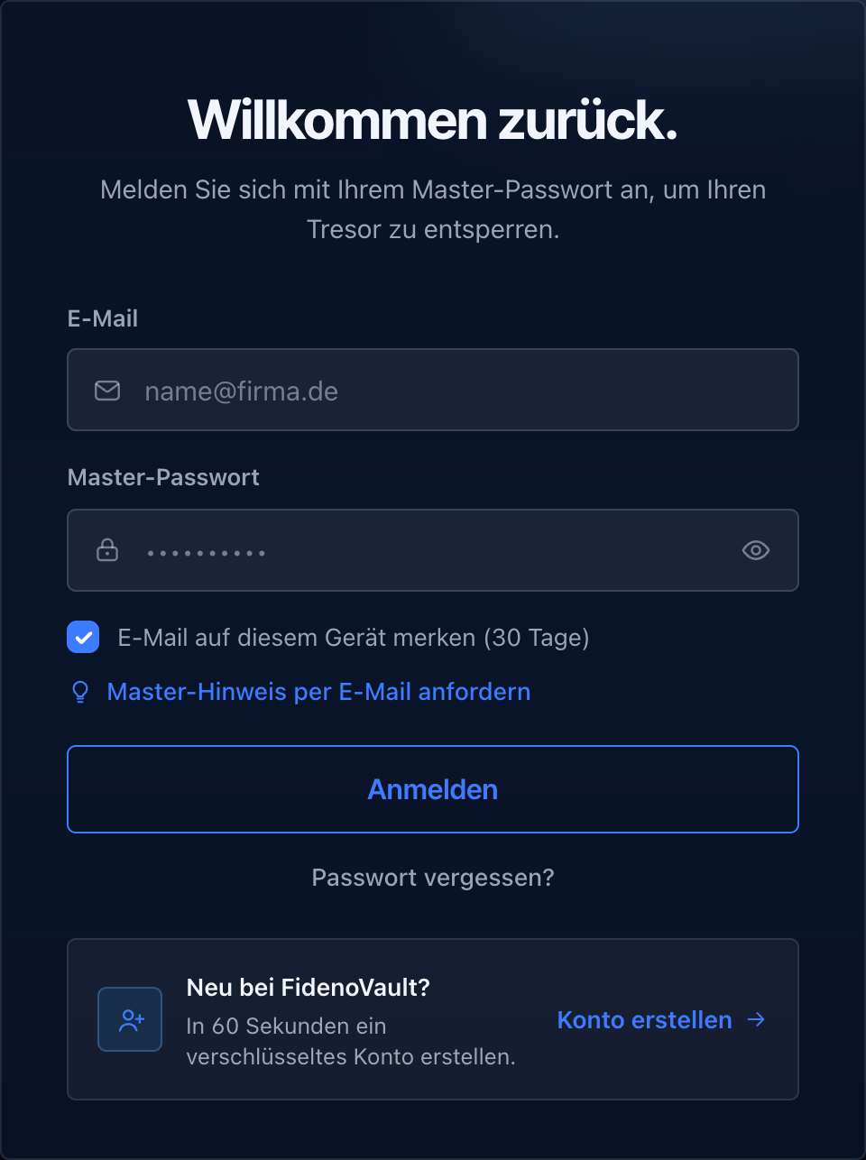 Anmeldefenster mit dem Link Passwort vergessen