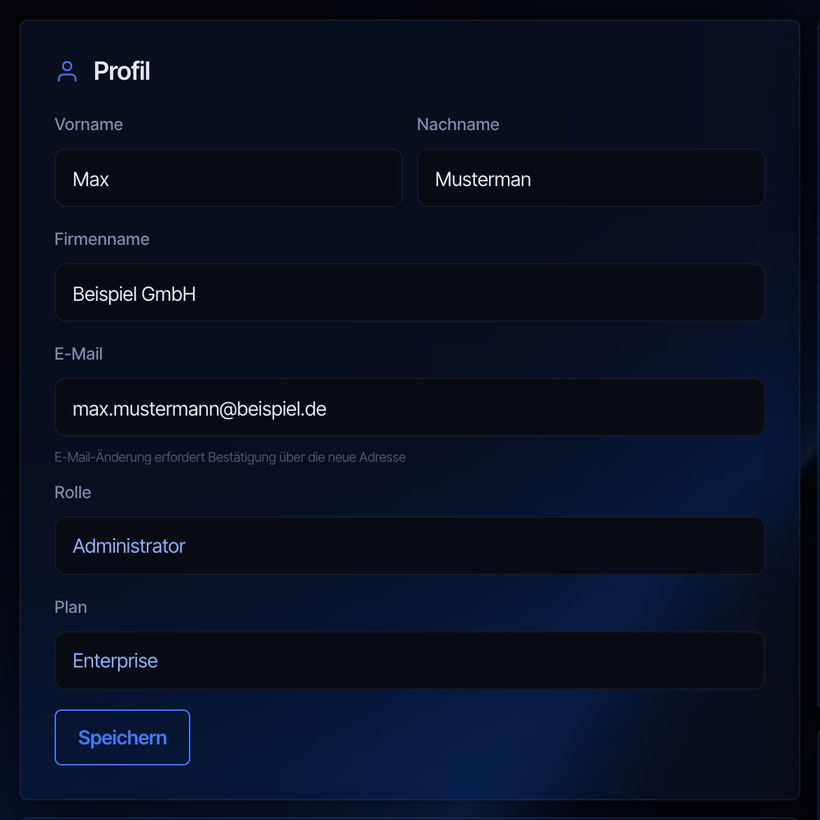 Profilbereich mit Name, Firmenname und E-Mail-Adresse