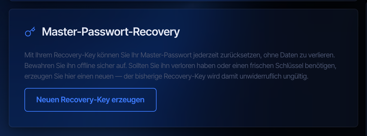 Bereich Master-Passwort-Recovery mit der Schaltfläche Neuen Recovery-Key erzeugen