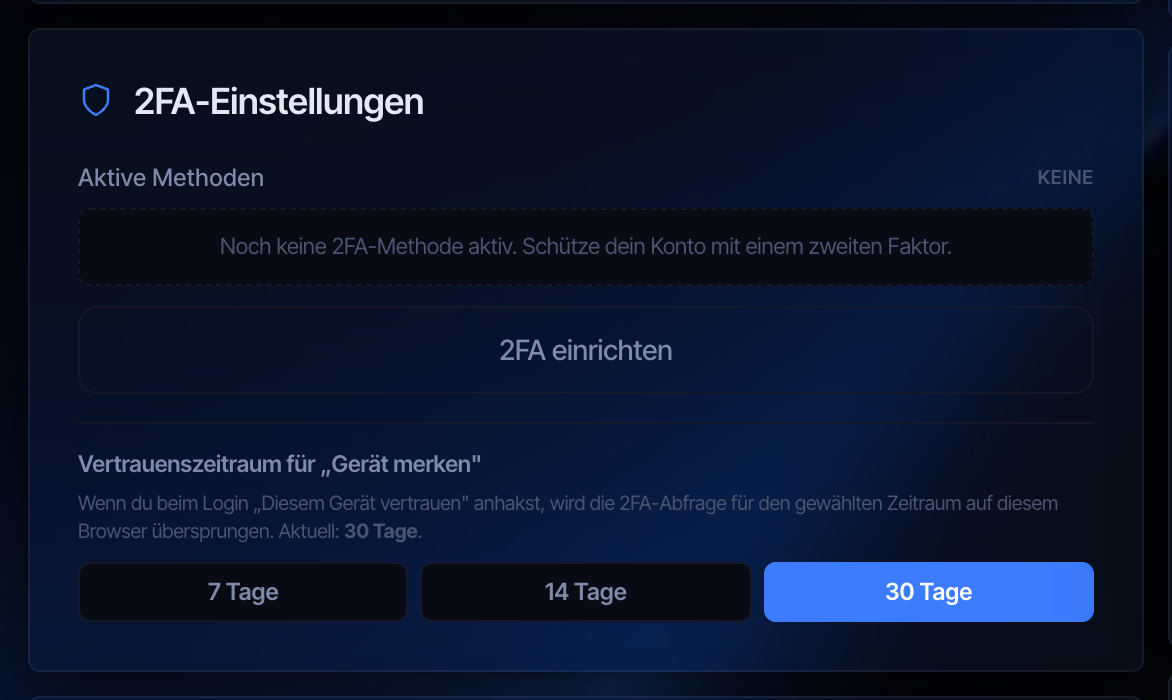 Bereich Zwei-Faktor-Einstellungen mit der Schaltfläche 2FA einrichten